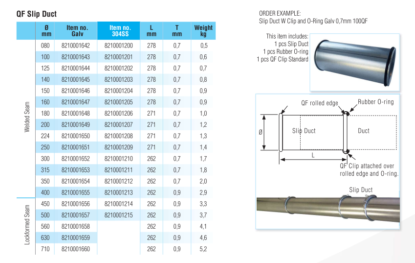 Quick-Fit Slip Duct With Clip and O-Ring – Galvanised – 0.3 Metre – Nordfab
